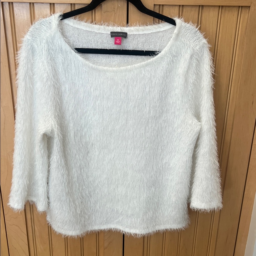 Vince Camuto Cream Fuzzy Knit Top with Black Label and Pink Size medium